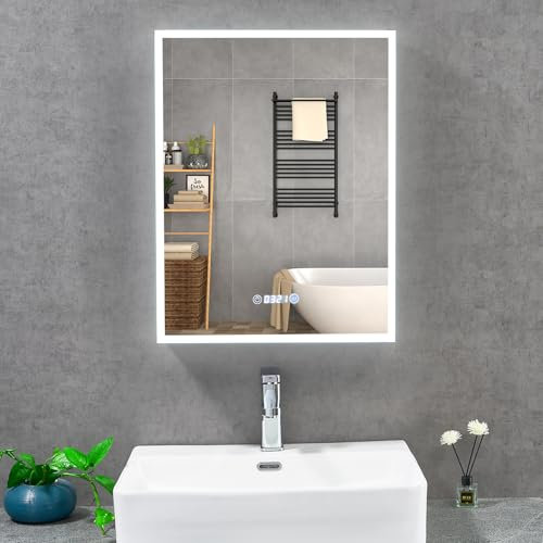 T&K LED Armoire Miroir de Salle de Bains avec éclairage et désembuage 50x65cm, avec Prise USB, Affichage de l'heure et de la température, dimmable en 3 Couleurs, Armoire de Toilette en Aluminium