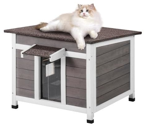 VEVOR Maison pour Chat d'Extérieur, 600x530x465 mm, Niche pour Chats en Bois, Résistante aux Intempéries, avec Fenêtre, Toit Ouvert, Porte à Rabat en PVC, Cabane Abri pour Plusieurs Chats Sauvages