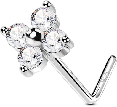 OUFER 20G Fleur Percing Au Nez Argent 925 Piercing Nez Clair CZ Piercing Nez en L Piercing Nez Anneaux 7 mm Boucle Nez Argent pour Femmes Bijoux de Piercing Corporel