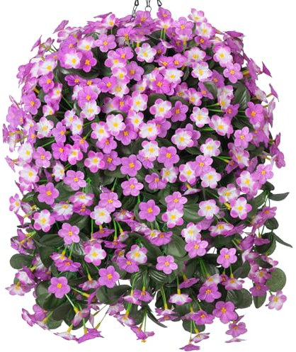 Artificial Fake Hanging Flowers with Basket for Outdoor Decoration,UV Resistant Faux Silk Light Fuchsia and Fuchsia Orchid Flowers Vines in Planter Realistic Hanging Baskets for Home Porch Garden