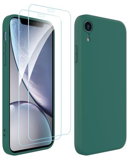 Ruayia 3 in 1 Cover per iPhone XR con 2 Pellicole Vetro Temperato, Cover in Silicone Liquido, Antiurto Custodia per iPhone XR Sottile, Antigraffio Cover con Fodera in Microfibra - 6,1- Verde