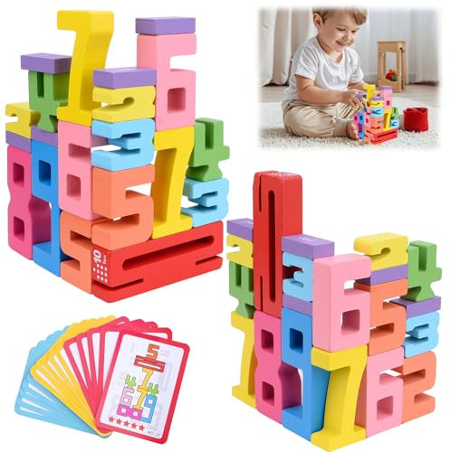 Vibbang Zahlenbausteine, Holz Zahlen, Holz Zahlenblock Spielzeug Set für Kinder, Montessori Zahlen, Bunt Stapelzahlen, Vorschul-Lernaktivitäten für Geburtstagsgeschenke, Familienspiel