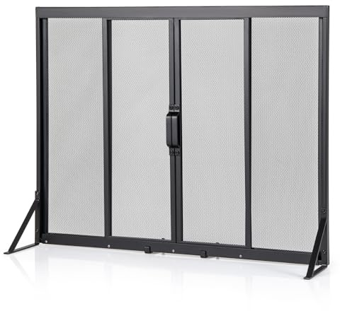 COSTWAY Pare Feu Cheminée avec Portes Coulissantes, Écran de Cheminée en Métal, Pare-étincelles en Maille, Grille de Protection pour Poêle, Cadre de Support Triangulaire (89 x 72 cm)