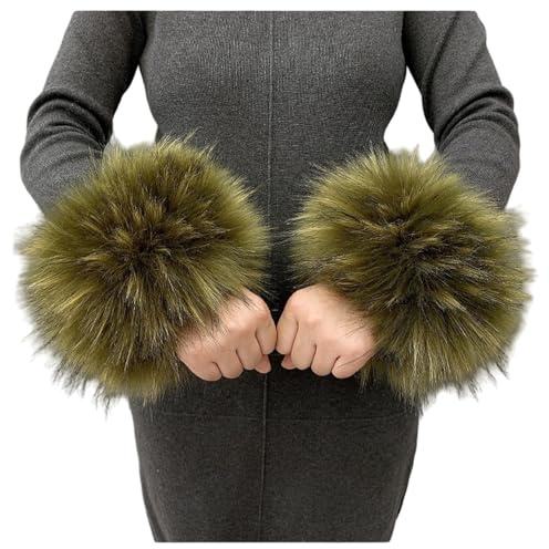 AMateschitz Damen Pelzmanschetten Kunstfell Armwärmer Fell Pelz Armstulpen Pulswärmer Pelz Faux Fellstulpen Faux Fur Wrist Band Fell Manschette Handschuhe für Pullover Mantel Kostüm Armeegrün