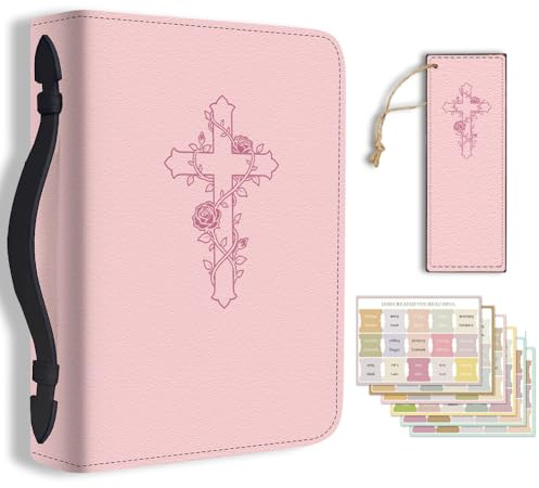 Hobbspring 1 grande housse de Bible en cuir synthétique avec marque-page - Étui de transport pour homme et femme - Accessoires de transport, rose, Croix et fleurs