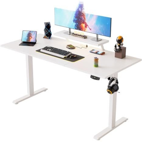 Klicelor Höhenverstellbarer Schreibtisch mit verstellbarem Monitorständer | Schreibtisch elektrisch 160 x 60 cm mit LED-Beleuchtung, USB-Steckdose, 2 Speicherplätzen, Homeoffice, Weiß