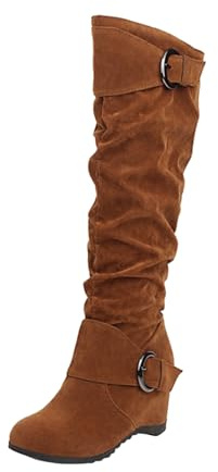 Generico Stivali Lunghi Donna con Zeppa Decorazione alla Moda in Pelle Scamosciata Solida Eleganti e Comodi per Occasioni Speciali (Brown, 40)