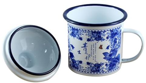 BIUDECO Tasse Rétro en Émail 500ml Couvercle, Mug Isotherme Café de Style Simple, Finition Soignée pour Bureau et Pique-niques