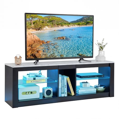 CASART LED TV Cabinet for 65 inch TVs, 140cm Entertainment Center TV Unit with Adjustable Glass Shelves & 20 RGB Light Colors, Modern Media TV Console Table for Living Room Bedroom (Black + Grey) | with Adjustable Glass Shelves & 20 RGB Light Colors, Modern Media TV Console Table for Living Room Bedroom (Black + Grey)