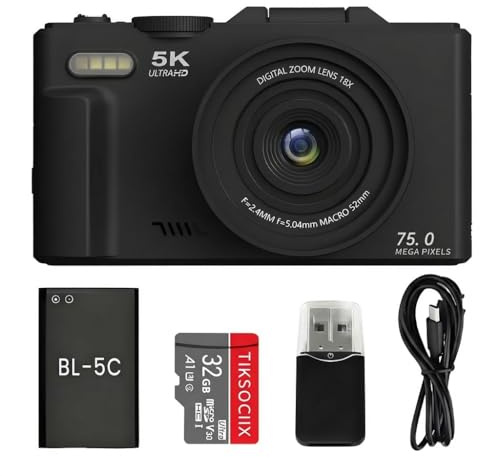 Optinexo 5K Digital Compact Camera Ultimo 2026——Fotocamera 5K Zoom 18X Display Articolato 180 Gradi WiFi 32GB Inclusa Retr Vlog Contenuti (Nero,32G)