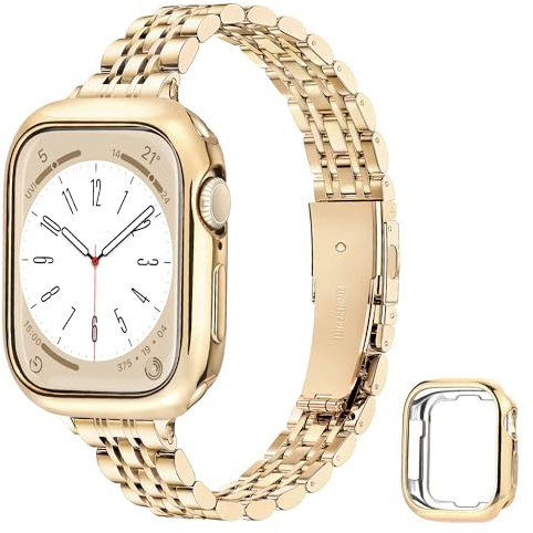 Calina Edelstahl Band mit Schutzhülle passt für Apple Watch Armband 42mm(Serie 11 10) 41mm 40mm 38mm 46mm 45mm 44mm 42mm(Serie 3 2 1) Serie SE 11 10 9 8 7 6 5 4 3-1, Slim Strap für Apple Watch Band