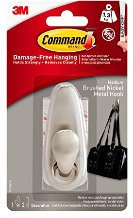 Command Medium Forever Classic Brushed Nickel Metal Hook, Indoor use - 1 Metal Medium Hook and 2 Adhesive Strips - Organise Damage Free