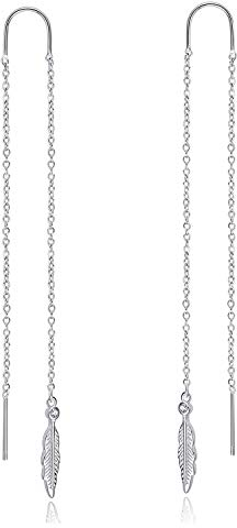 Feder Einfädler Ohrringe Sterling Silber Federn lange Tropfen Pull Through Ohrringe für Damen