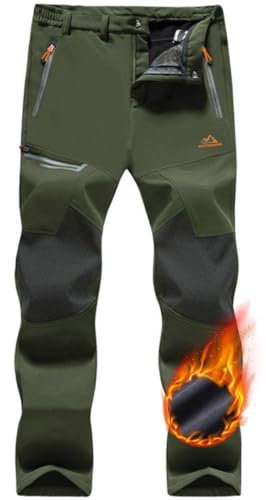 TACVASEN Men's Green Fleece Lined Winter Trousers, Multi-Pocket Cargo Pants, Size 30