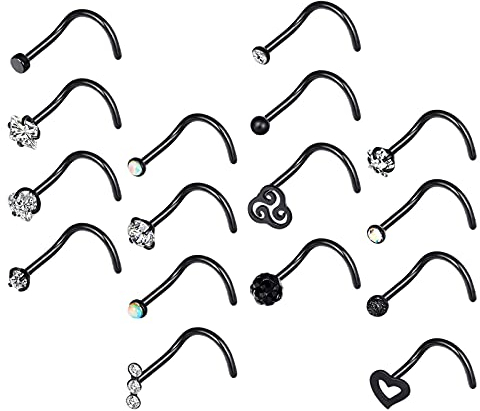 Longbeauty 16 Stück Edelstahl Piercing Set Nasenring Lippenring Stecker Ring Set Körper Piercing Set Nasenstecker C-Form Schwarz