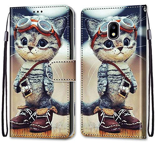 ShinyCase Étui pour Samsung Galaxy J5 2017 Coque PU Leather Cuir Anti-Rayures Protection Cover Emplacement Carte Portefeuille Magnétique Téléphone Case pour Galaxy J5 2017,Chat de Dessin Animé