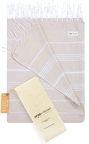 Captain&Mermaid® Premium XXL Strandtuch 100% Baumwolle | Badetuch | Picknickdecke | 220x160 | Peshtemal | leicht & extra groß (Tan)