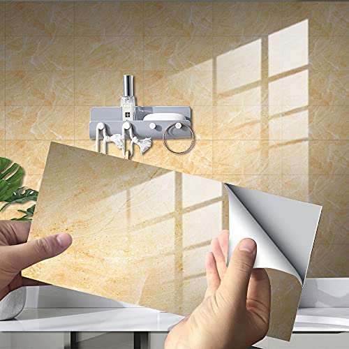 Hiseng Hiser Rectangle Adhésive Décorative à Carreaux pour Salle de Bains et Cuisine Stickers Carrelage, Motif de Marbre 3D Mosaïque Imperméables Adhésive Décoration, 30x15cm (Jaune,4Pièces)