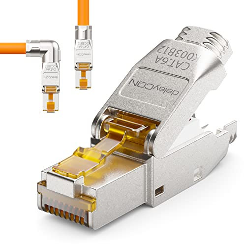 deleyCON 1x CAT 6a Prise Réseau RJ45 Prise Coudée à 90° RJ45 Sans Outil Prise Réseau 10 Gbit/s Blindée pour Câbles D'installation Rigides de Câble Brut Connecteur RJ45 Ethernet LAN Câble de Brassage