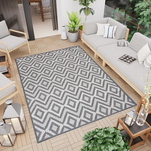 TAPISO Capri Teppich Outdoor Grau Creme Sisaloptik Flachgewebe Modern Rauten Balkon Terrasse Indoor Wasserfest Wetterfest UV-Beständig 80 x 150 cm