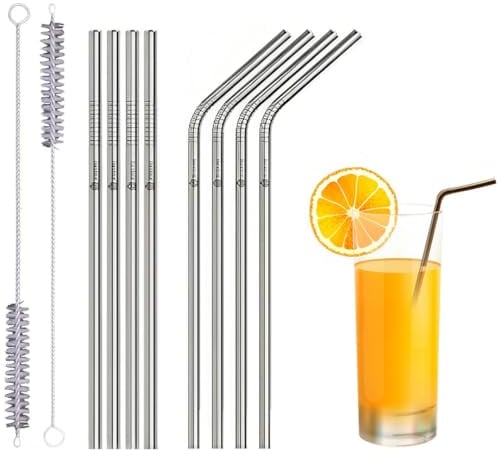 Lot de 10 pailles réutilisables en métal de 216 mm en acier inoxydable respectueux de l'environnement pour cocktail, milkshake, boissons froides/chaudes (4 droites + 4 pliées + 2 nettoyants) sans BPA