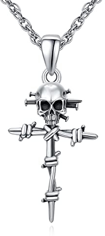 praymos Skull Pendant Cross Necklace Gothic 925 Sterling Silver Jewellery Birthday Gift for Men Women Unisex, 20+2 inch Chain with Gift Box