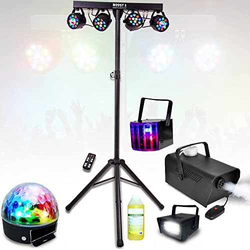Party Light & Sound - Pack Luz Pie Soporte 4 Proyectores Par - Strobo - Derby - Astro - Máquina de humo con producto - PA DJ Mobile - Fiesta de boda
