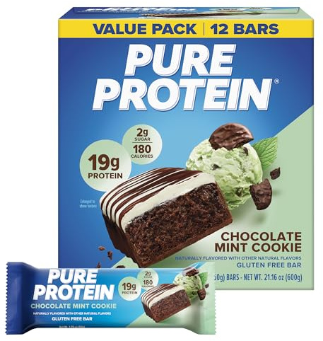 Pure Protein Chocolate Mint Cookie Protein Bars – 20g Protein, 3g Sugar, 190 Calories (12 count) Low Sugar* High Protein Snack - Gluten Free - Perfect for a Healthy Snack