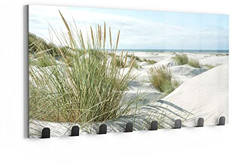 DEQORI Wandgarderobe Glas & Metall | Motiv Dünen an Nordseeküste | 60x30 cm | Design Haken-Leiste modern | Garderoben-Paneel für Flur, Wohnzimmer & Schlafzimmer | magnetisch & beschreibbar