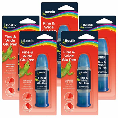 5 x Bostik Glue Pen with Dual Fine & Wide Tip Applicators for Art, Crafts, School & Scrapbooking | Clear Transparent Gel, Non-Toxic | 140ml in Total