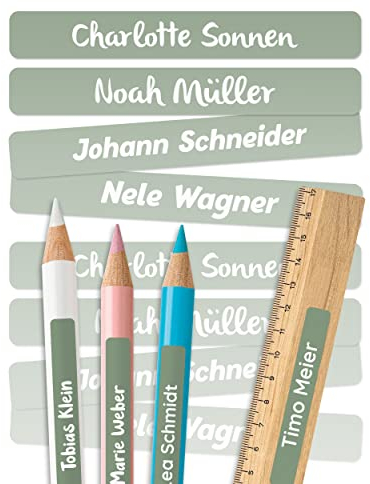 melu kids® Namensaufkleber Kinder für Schule & Kita (75 Stück, einfarbig) - Personalisierte Aufkleber mit Namen für Stifte und Schulsachen - Wasserfest in Spülmaschine - Grün