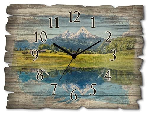 ARTLAND Wanddeko Wanduhr ohne Tickgeräusche aus Holz Quarz Uhr lautlos Rechteckig 40x30 cm Landschaften Natur See Berge Watzmann Alpen Rustikal Vintage T9QB