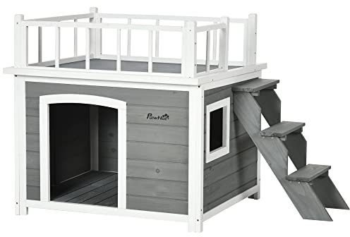 Pawhut Casetta per Cani di Piccola e Media Taglia con Terrazza, Scaletta e Finestra,121x77x78cm, Grigio chiaro