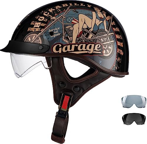 Vintage Casques Bols De Moto,ECE Homologué Casque Jet avec Visière Demi Casque De Moto pour Toutes Les Saisons Hommes Femmes Casquette De Baseball 3,XXL