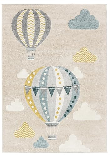 RugVista, Balloon Ride, Kinderzimmer Teppich, 100 x 160 cm, Kinderteppich für Kinder, Spielteppich für Babys, Modernes Design, Kurzflor, Keine schädlichen Stoffe, Beige/Blau