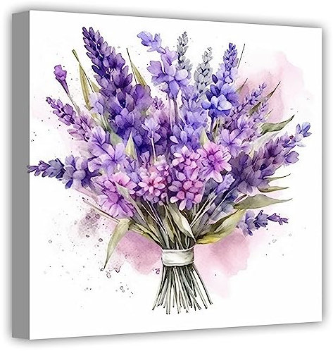LZIMU Lavender Canvas Wall Art Purple Floral Picture Wall Decor Purple Flower Botanical Plant Painting Print for Bathroom Kitchen Bedroom Decor (Lavender-1, 40.00 x 40.00 cms)