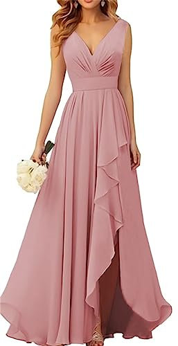 WSEYU Robe de demoiselle d'honneur en mousseline de soie à col en V pour mariage longue robe de soirée formelle avec fente à volants, vieux rose, 42