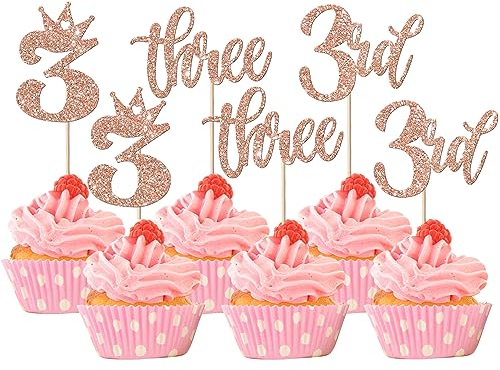 SYKYCTCY 24 Pack Happy 3rd Birthday Cupcake Toppers Glitter Third Birthday Cupcake Picks Crown Three Birthday Cake Decorations for Baby Shower Anniversary Party Supplies Rose Gold