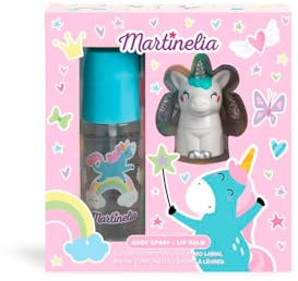 MARTINELIA Einhorn Körperspray & Lippenbalsam Set, Duftende Kinder Beauty-Set, Pflegeset für süßlich duftendes Körperspray & cremigen Lippenbalsam in Einhorn Figur