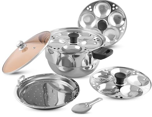 KSJONE Edelstahl Multi Kadai mit durchsichtigem Glasdeckel, 3 Idli-Teller (15 Idlis), 1 Idly Löffel und 1 Dampfgarer Silber (induktionsfreundlich)