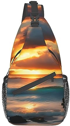 SSIMOO Vielseitiger Reise-Wanderrucksack, ideal für Outdoor-Radfahren, Brust-Schultertasche, Freizeit-Rucksack, Strand Maui Hawaii Sonnenuntergang Meer Wellen Wolken, One size