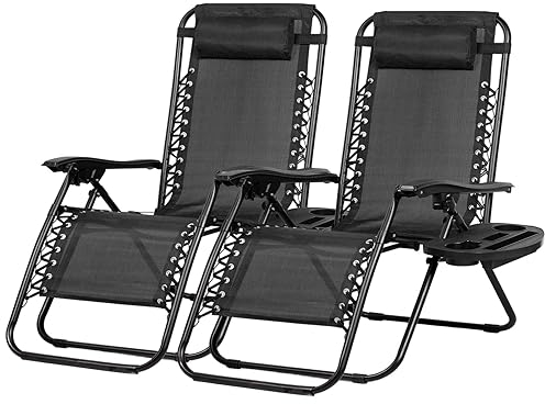 Nazhura 2er Set Relaxliege Terrassenstühle Verstellbar Stahlgeflecht Zero Gravity Lounge Stuhl Strandstuhl mit Kissen und Getränkehalter Schwarz