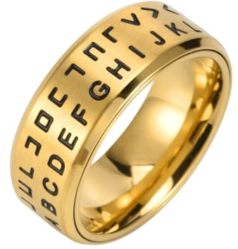 Gualiy Edelstahl Ring Männer, Gold Fidget Ring Anxiety 8MM 26 Briefe Drehbar Ringe Größe 57 (18.1)