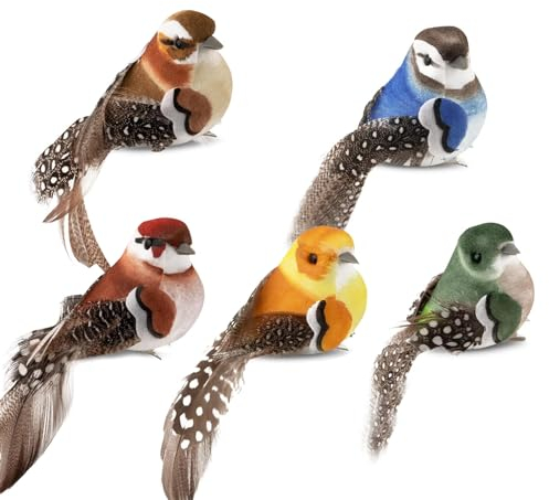 MisFun 5Pcs Vogel Deko Figuren Künstliche, Vögel mit Clip, Künstliche Federvögel, Feder Modell, Bunt Vogelfigur mit Halterungsklammer, Mini Dekofigur für Garten Party Dekoration
