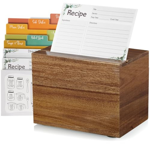 DRASTAR Rezeptkartenbox, Akazien-Rezepthalter, 10 x 15 cm, Rezept-Organizer mit 50 Karten und 6 Trennwänden, Karteikarten-Box, Holzkiste für Küchenarbeitsplatte