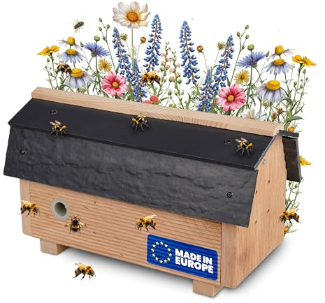 Oramics Maison à bourdons en bois avec toit résistant aux intempéries - Hummelhotel 29 x 14 x 17 cm - Caisse à bourdons avec toit noir amovible en desserrant 2 vis - Boîte à bourdons pour le jardin -