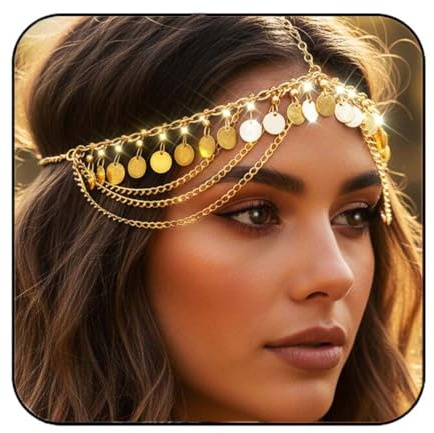 Reaky Pailletten-Kopfschmuck, Boho-Quasten-Stirnband, goldene Stirnketten, Braut-Kopfschmuck, Festival-Haarschmuck für Frauen