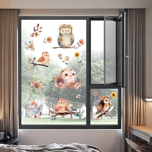 PLIGREAT 9 Blätter Niedliche Eule Fenster Aufkleber Aquarell Blumen Fensterbilder für Home Fenster Glas Display Dekor Elegante Party Dekorationen Zubehör Anti-Kollision Fenster Aufkleber