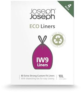 Joseph Joseph Eco IW9 Recycled Bin Liners, Kitchen/Bathroom Waste Bags, Tie Tape Drawstring, Extra Strong, 80-Pack, 10L, Grey