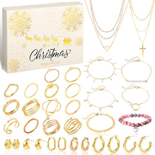 HarnyLoom Adventskalender Schmuck 2025 Damen Weihnachtskalender 24 Halskette Armband Ringe Ohrringe Überraschungen Geschenke Frauen Ehefrau Mutter (Gold A)